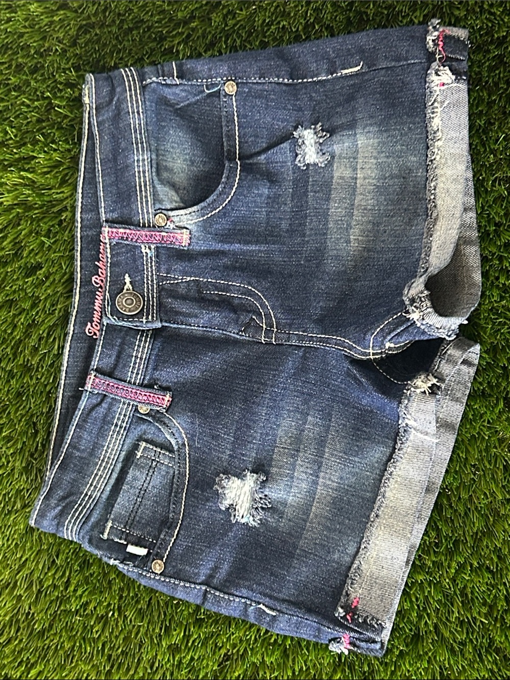 Tommy Bahama Indigo Distressed Jean Shorts with Pink Accents